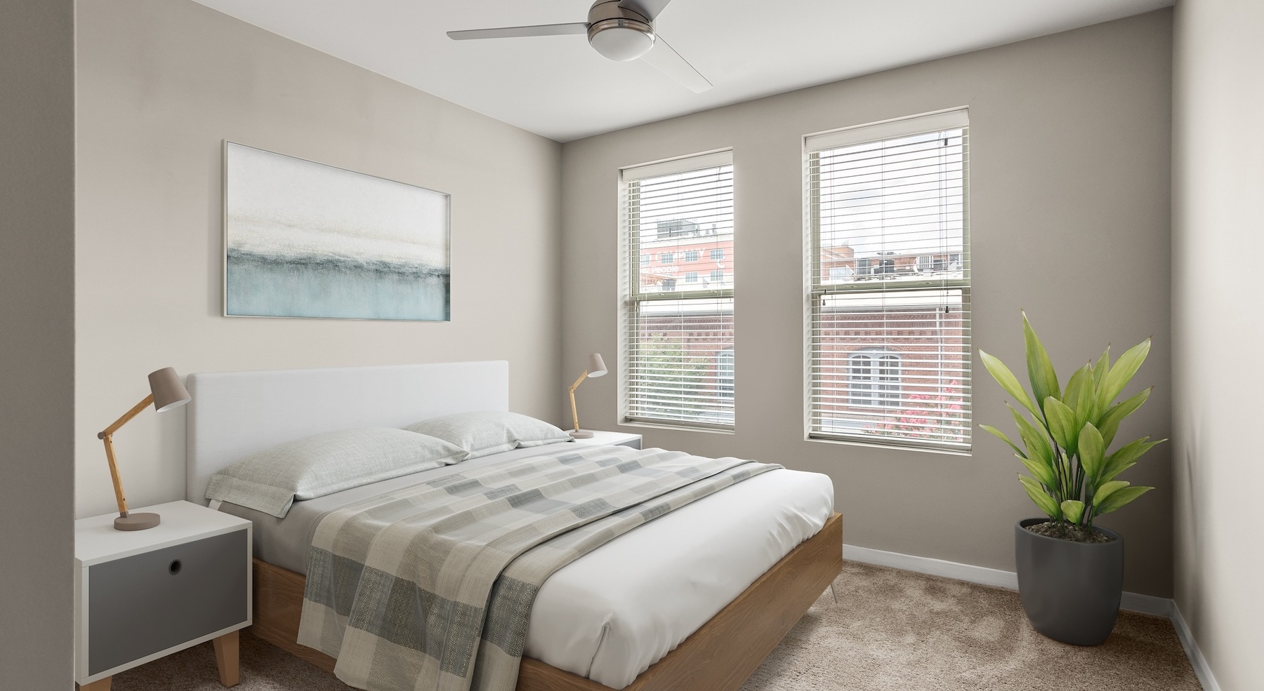 Bedroom with natural lighting and high ceilings