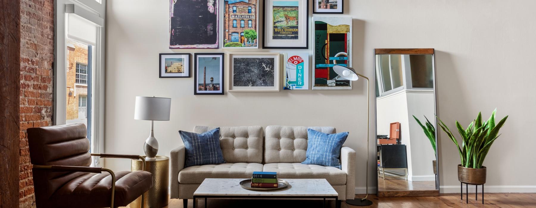 a living room with a couch and a coffee table