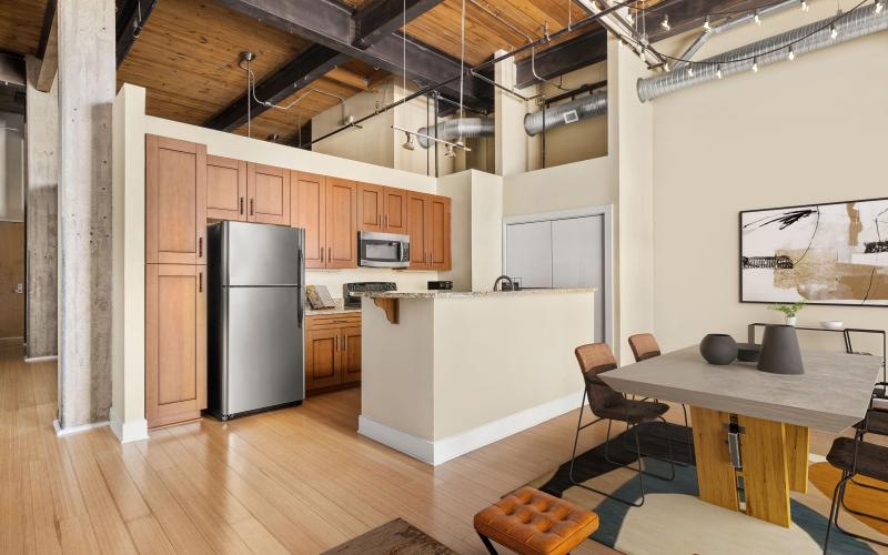 a kitchen with a wood floor