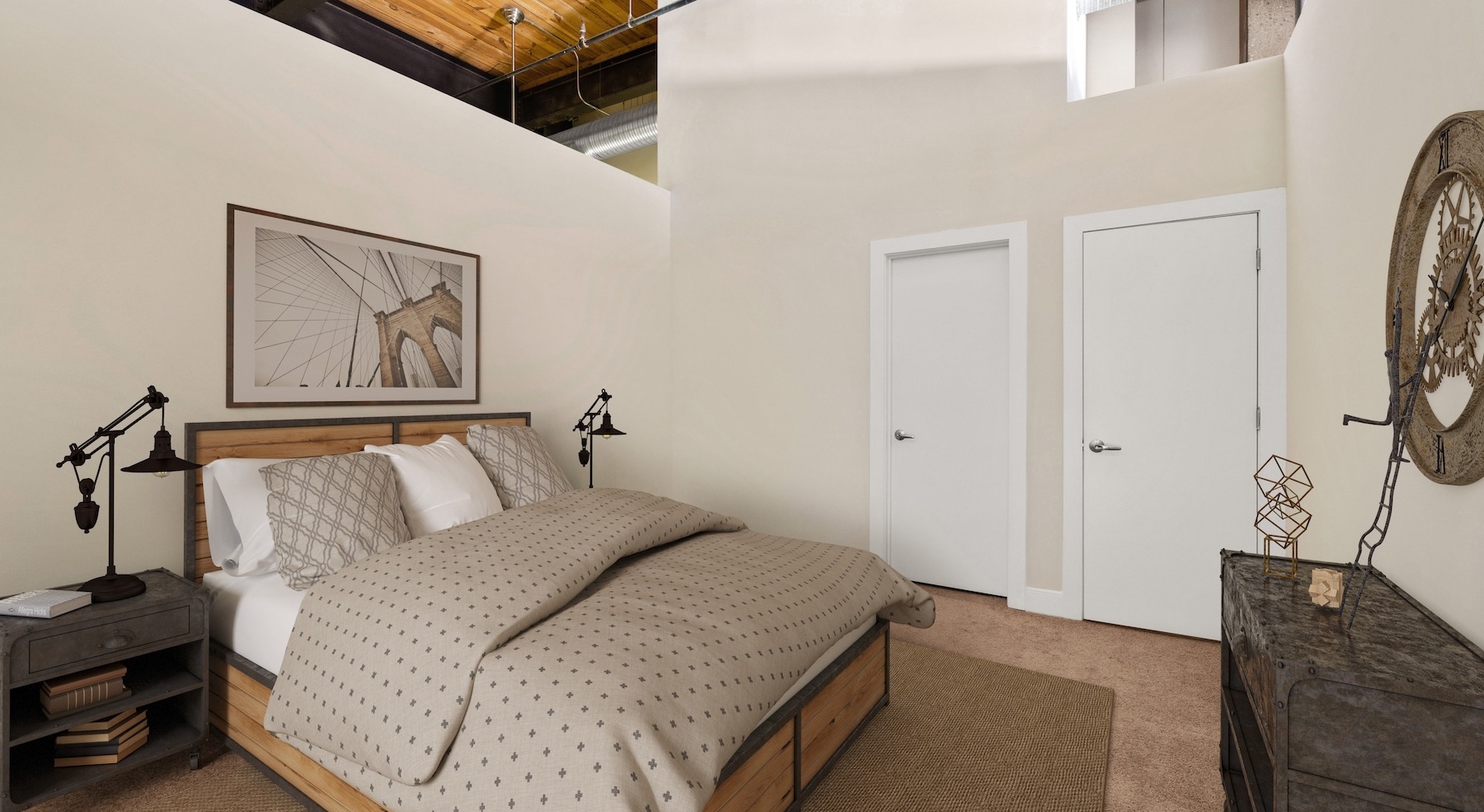 Bedroom with natural lighting and high ceilings