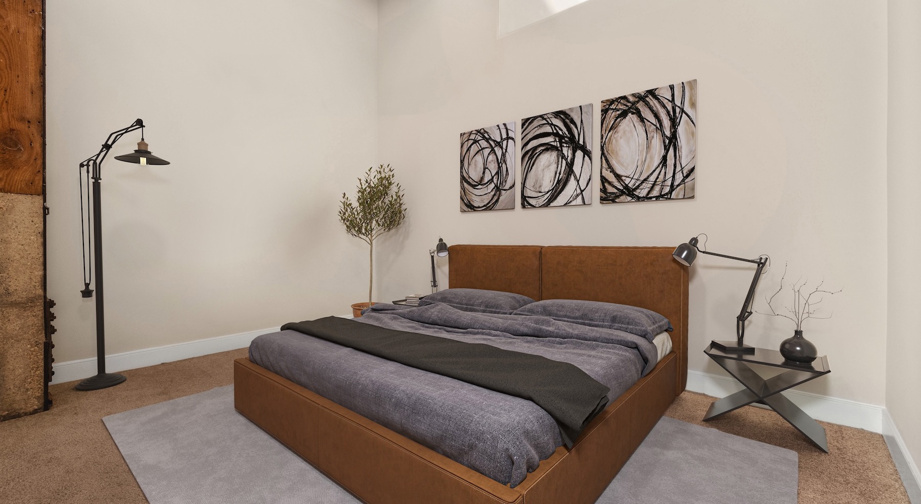 Bedroom with natural lighting and high ceilings