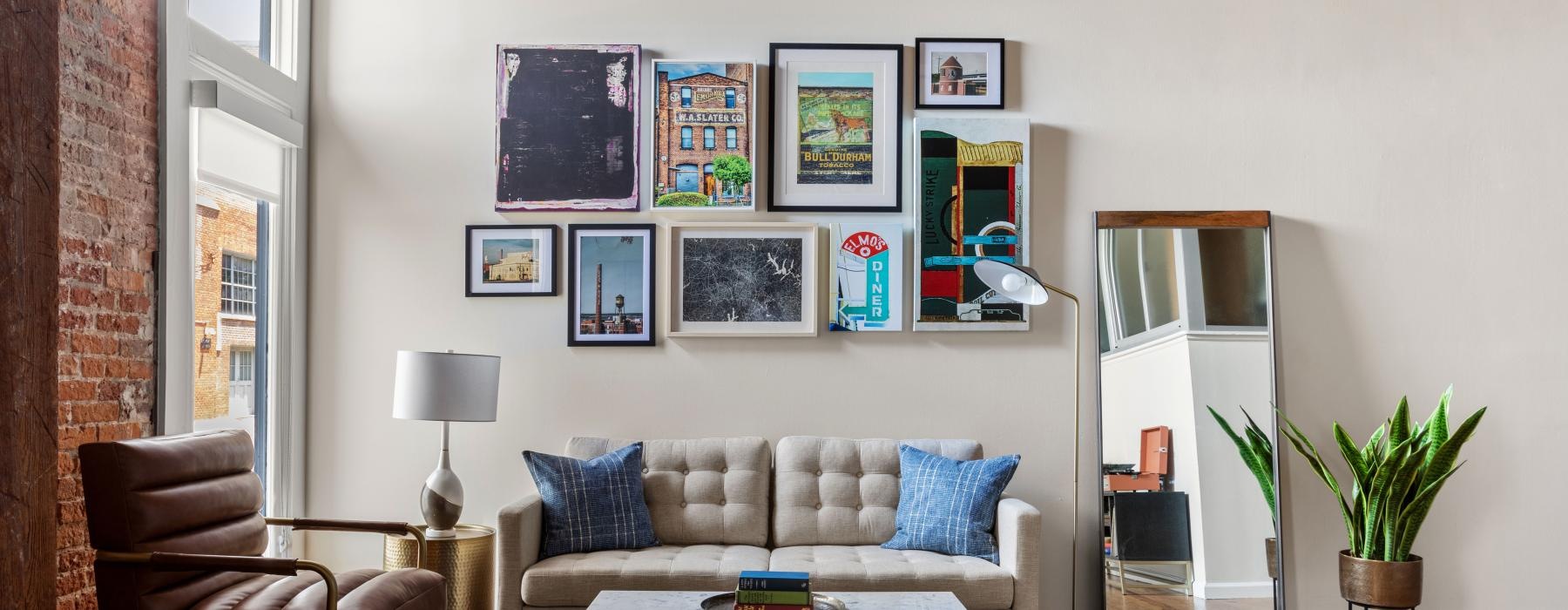 a living room with a couch and a coffee table